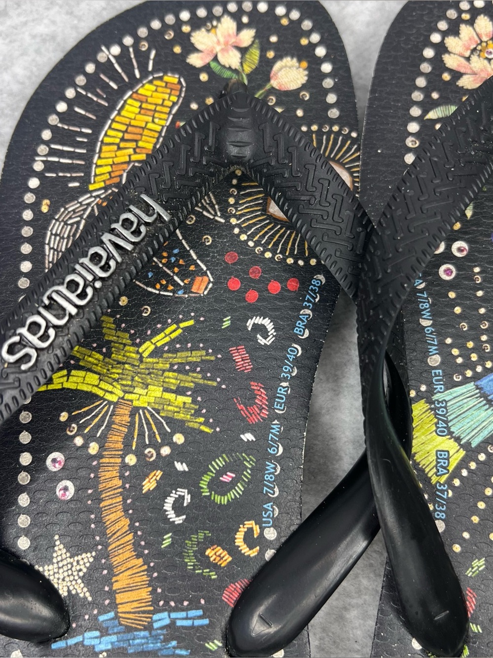 Farm Rio Black Multi Sandal in Black Havaianas Thong Flip Flops Women’s Size 7/8 - Picture 10 of 16